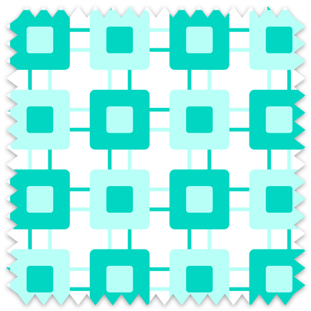 The artwork is a geometric pattern composed of interlocking squares in varying shades of teal. Larger squares alternate between a medium teal and a lighter teal, each containing smaller squares of contrasting shades inside them. Thin horizontal and vertical lines connect the larger squares, forming a grid-like structure on a white background. The pattern is repetitive and symmetrical, creating a rhythmic and balanced visual effect.